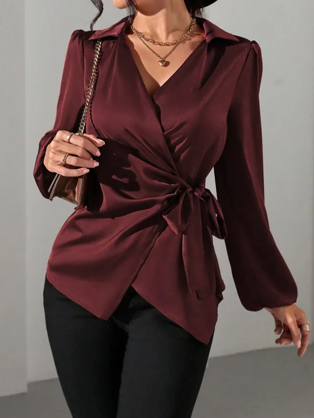 Women's Solid color Designer style Long sleeve Satin Shirt Wine - Shop at LoveMi