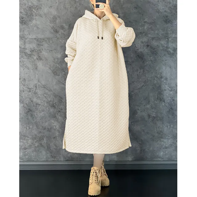 Women's Casual Hooded Long Sleeve Sweatshirt Dress With Pockets Beige - Shop at LoveMi