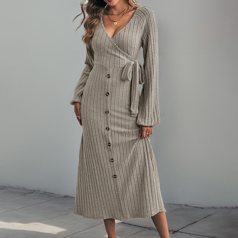 V neck Solid Color Button Lace up A Hem Knitted Dress Khaki - Shop at LoveMi