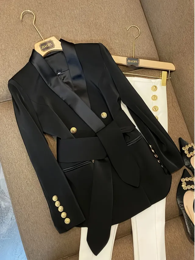 Double Breasted Elegant Slim Fit Elegant Versatile Lace up Women's Coat Black - Shop at LoveMi
