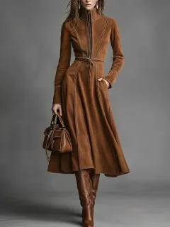 Elegant Retro Suede Zip Waist Tie Long Dress A-line Skirt - Caramel Colour - View 1