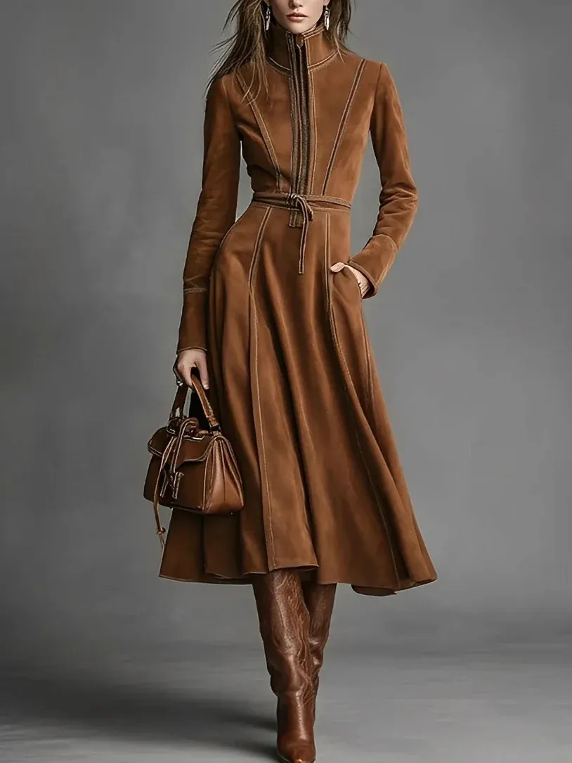 Elegant Retro Suede Zip Waist Tie Long Dress A-line Skirt - Caramel Color