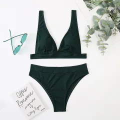 High Waisted Sexy Split Bikini Swimsuit - Green - View 1