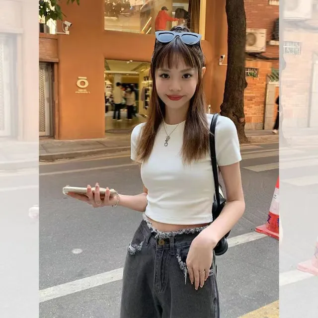 Korean Style Slim fitting Short Exposed Navel Ins Red Top White - Shop at LoveMi