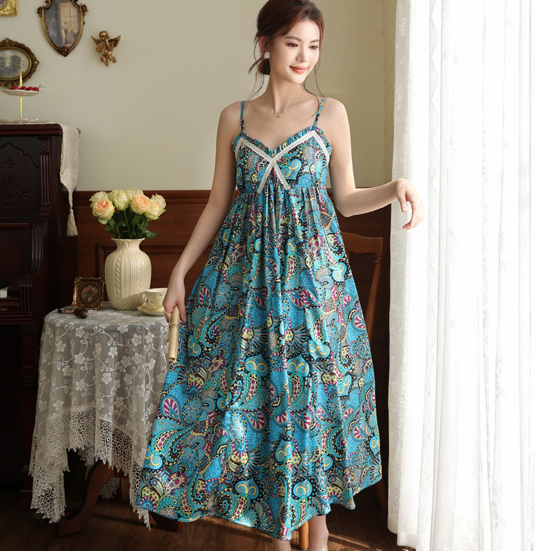 French style Long Nightgown With Built in Chest Pads Perfect For Wearing Outside Blue - Shop at LoveMi