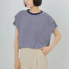 Summer Stripes T-shirt Women's Cotton Loose - Blue - View 1