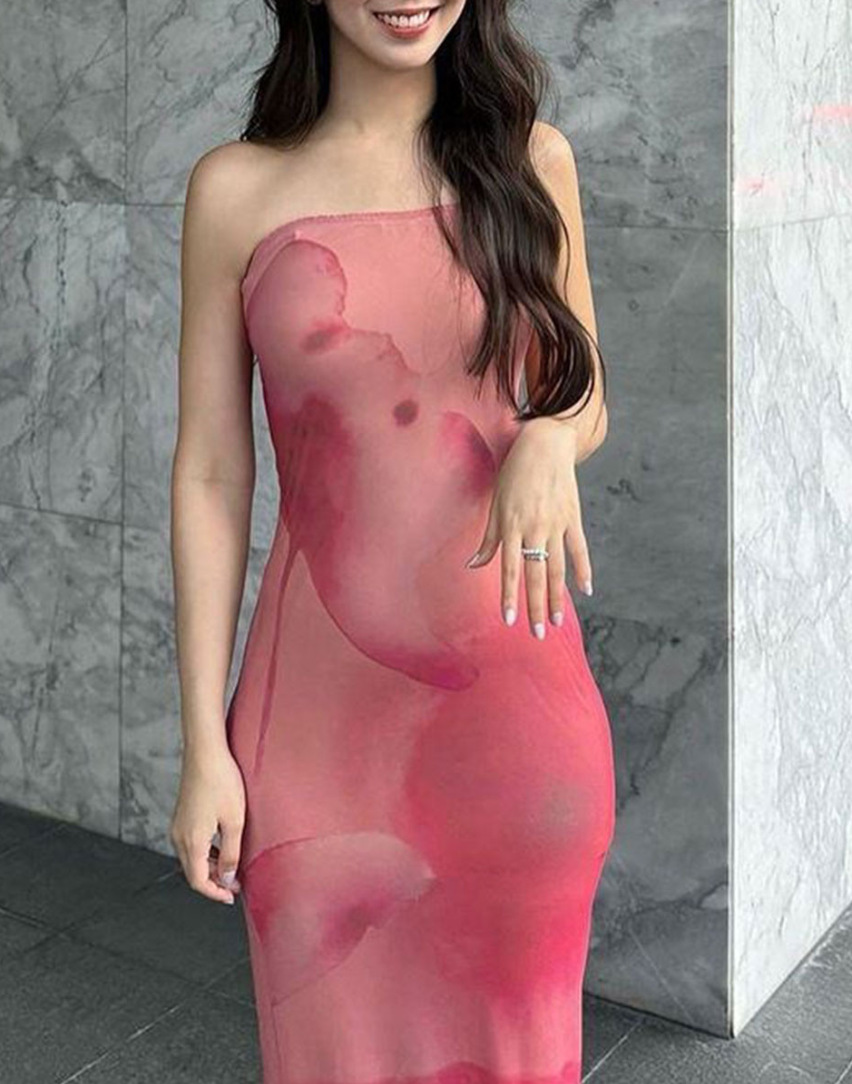 Lady's Sexy Strapless Slim fit Printed Maxi Dress Dried Shrimp Powder M - Shop at LoveMi