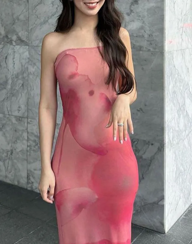 Lady's Sexy Strapless Slim fit Printed Maxi Dress Dried Shrimp Powder M - Shop at LoveMi