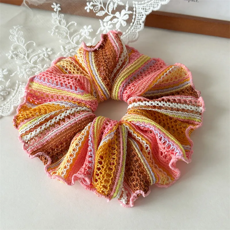 Summer Hollow Knitted Large Hair Band Women's - Pink Yellow