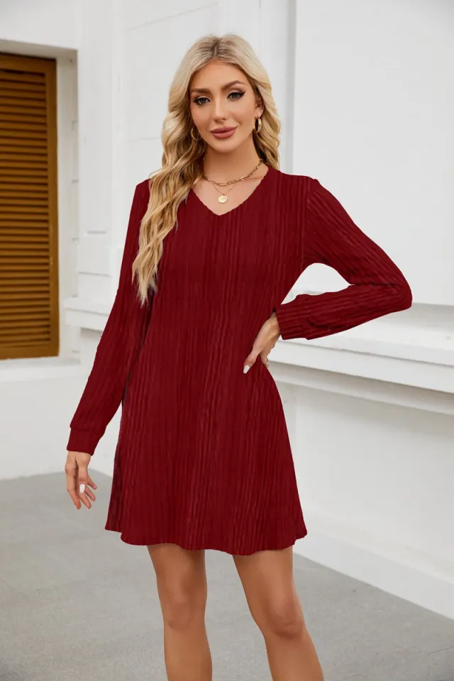 V neck Pocket Sunken Stripe Brushed Long Sleeve Leisure Dress Wine - Shop at LoveMi