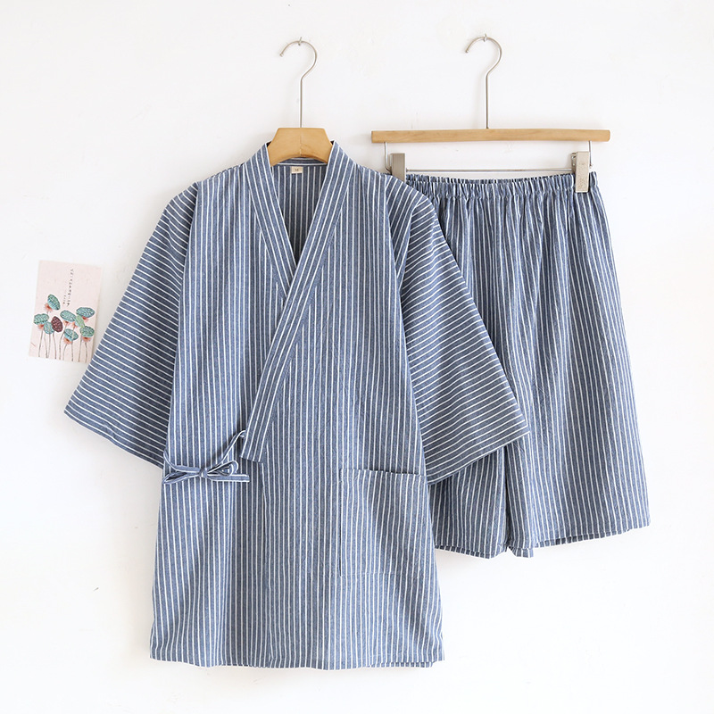 Japanese Lace up Kimono Pajamas Men's Cotton Washed Loose Blue - Shop at LoveMi