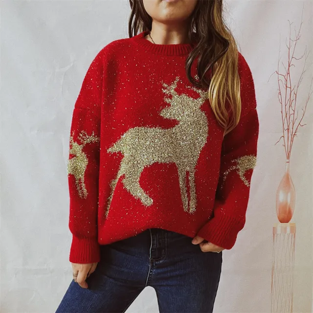 Women's Fashionable Loose Gold Jacquard Deer Pattern Round Neck Sweater Red - Shop at LoveMi