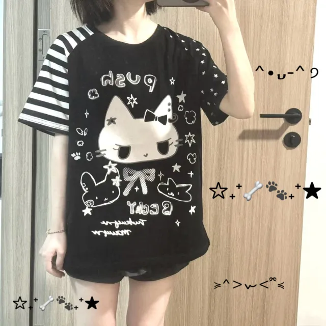 Japanese Cute Cute Cat Short sleeved T shirt Black - Shop at LoveMi