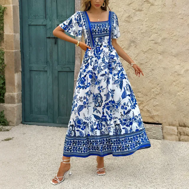 Holiday Floral Print A Line Dress Women's Clothing D2523068 Blue - Shop at LoveMi