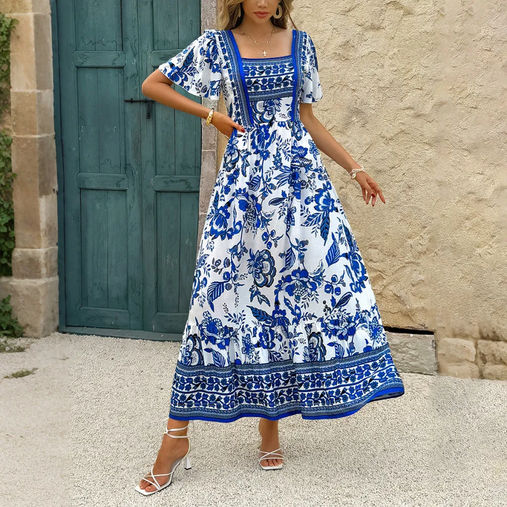 Holiday Floral Print A- Line Dress Women's Clothing - D2523068 Blue