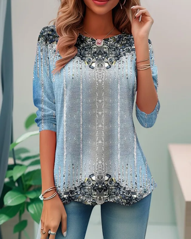 Printed Round Neck Pullover Long sleeved Shirt 3W 5Zfsr S - Shop at LoveMi