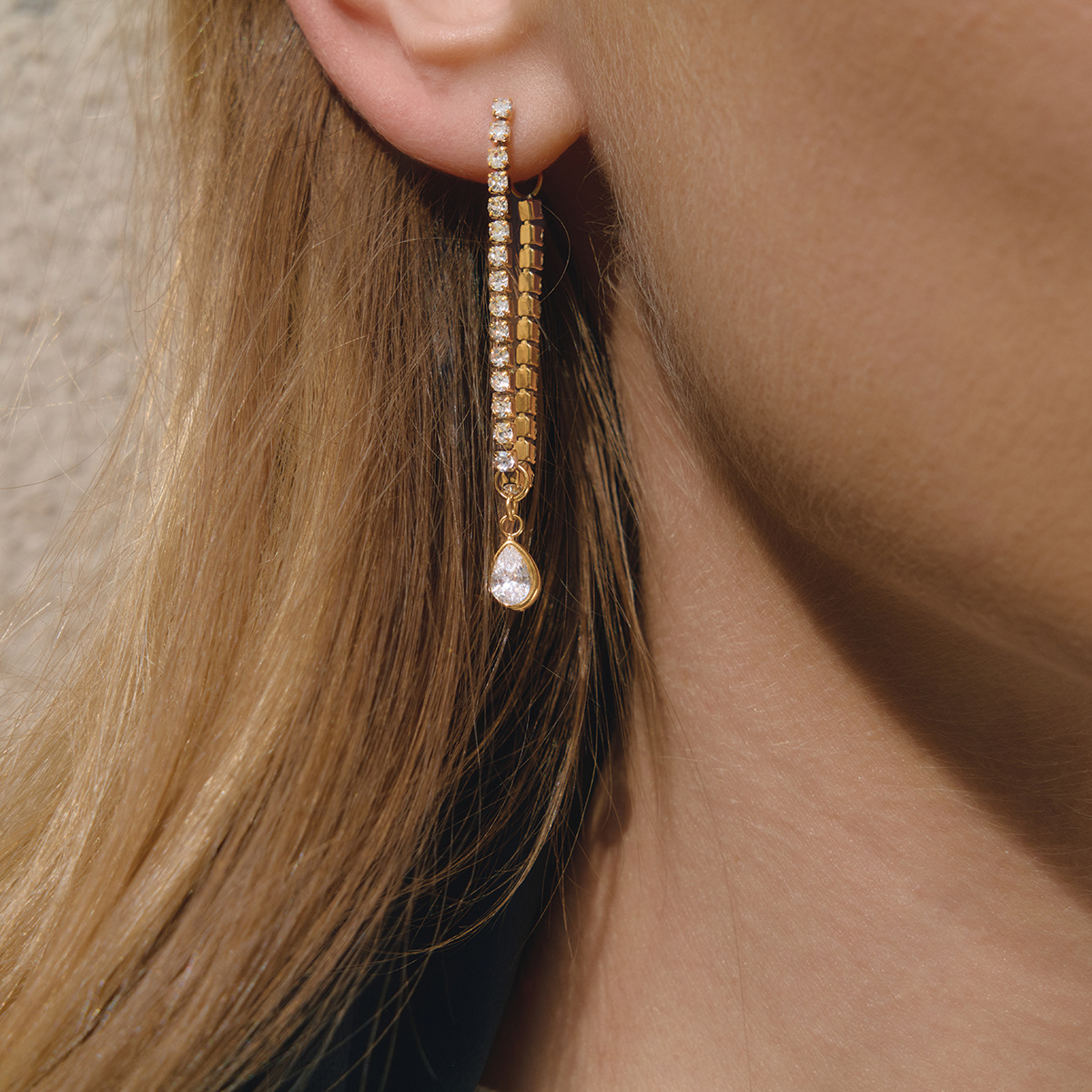 Stainless Steel 18K White Waterdrop-Shaped Zircon Stud Earrings With Tassels