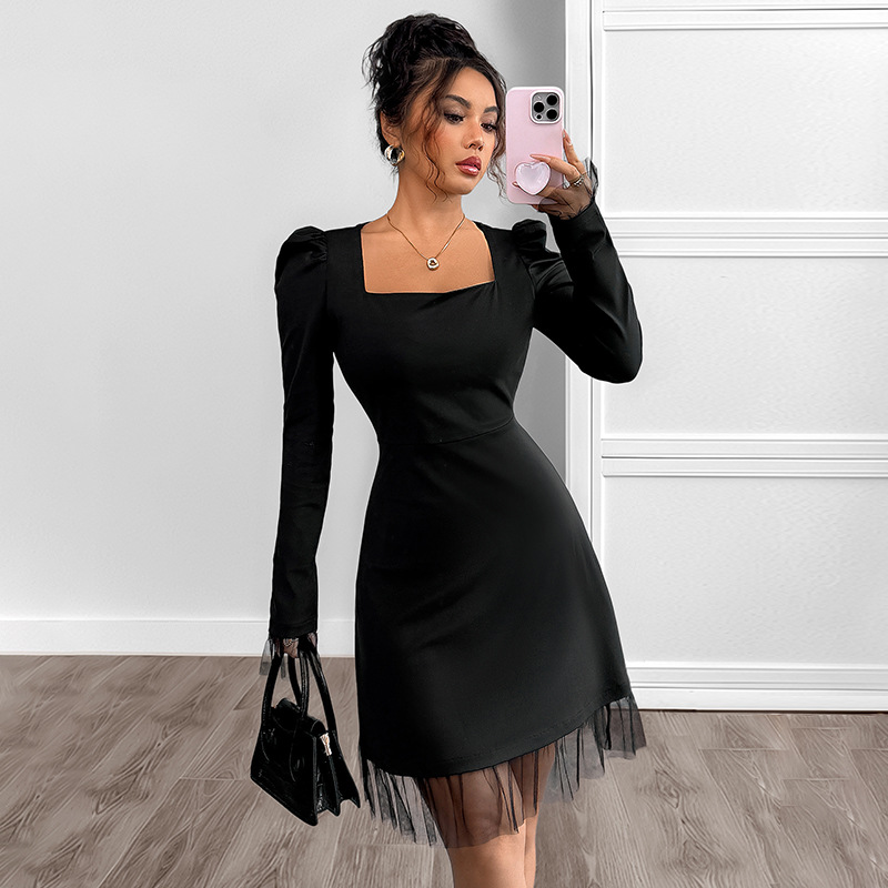 Womens Casual Patchwork High-Waisted Long-Sleeve Dress