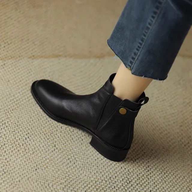 Soft Leather And Velvet Ankle Boots Flat Ankle Boots Mid Heel Round Head Chelsea Black - Shop at LoveMi