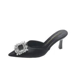 Square Buckle Rhinestone Closed Toe Half Slippers Women's Outer Wear - Black - View 1