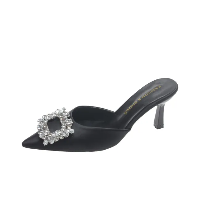 Square Buckle Rhinestone Closed Toe Half Slippers Women's Outer Wear Black - Shop at LoveMi