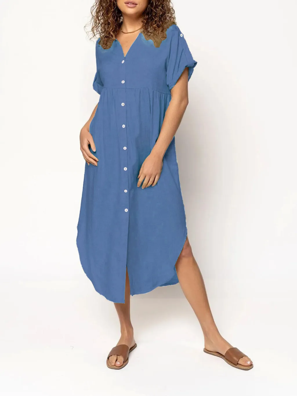 Loose Temperament Casual Solid Colour Buttons Mid-length Dress - Blue