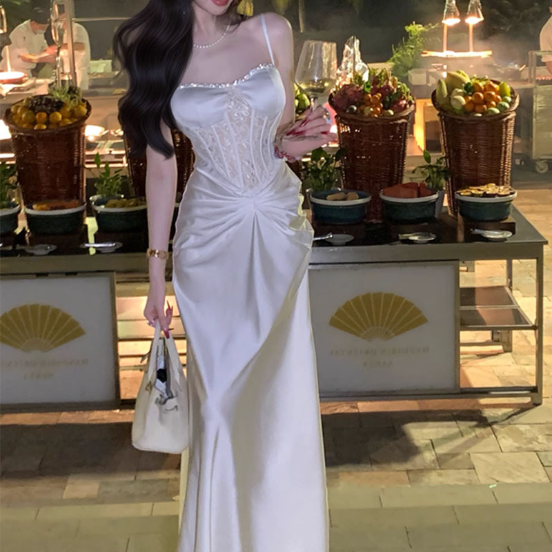 French Socialite Lace Stitching Fishbone Sling Dress