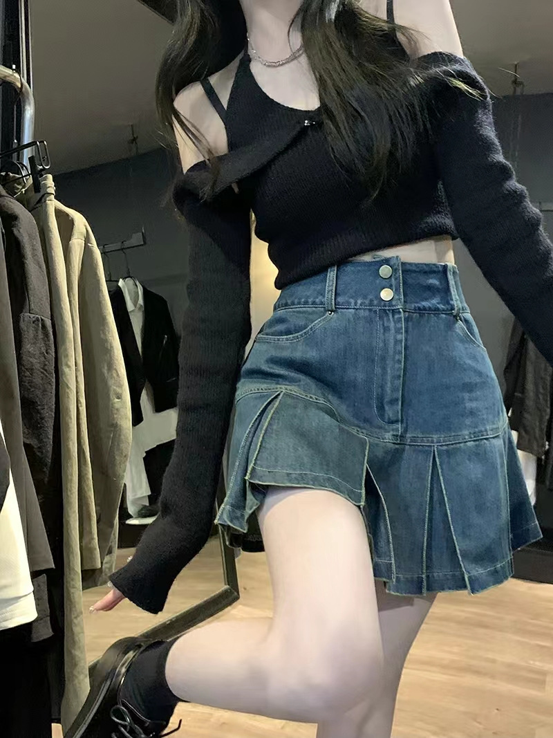 Denim Skirt Pear shaped High Waist Slimming Sense Of Design Pleated A Line Sheath Little Short Dress Blue - Shop at LoveMi