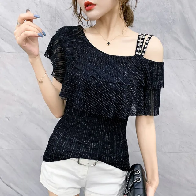 Ruffled Shoulder Leakage Ice Silk Top Black - Shop at LoveMi