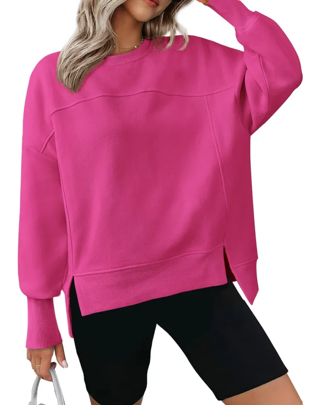 European And American Autumn And Winter Round Neck Long Sleeve Split Casual Loose Sweatshirt Rose Red - Shop at LoveMi