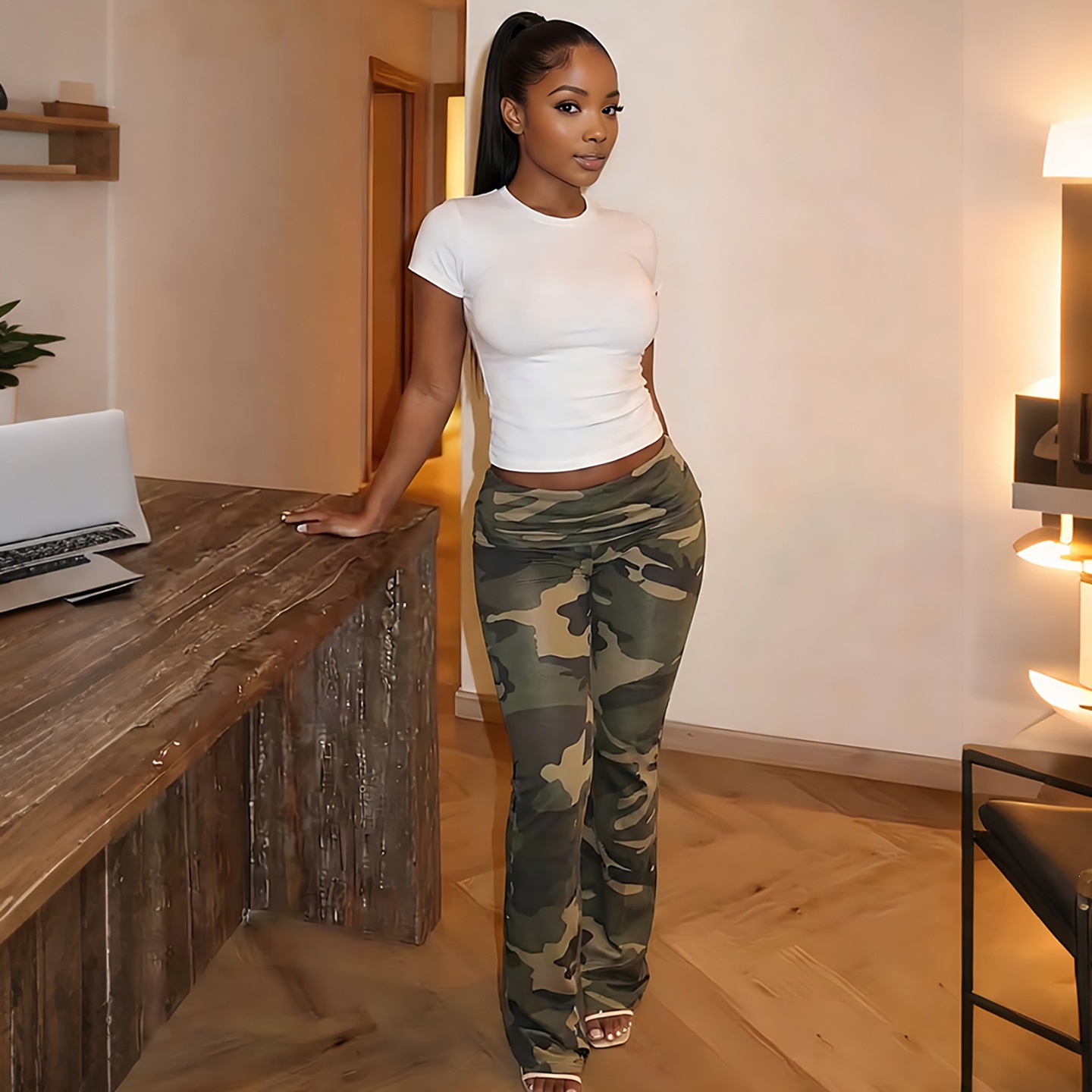 Womens Camouflage-Print Low-Waist Slim-Fit Trousers
