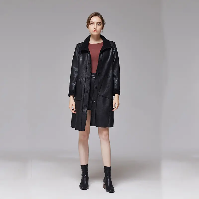 Womens Brown Leather Jacket Mid-length Trench Coat