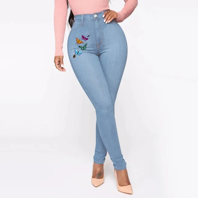 Printed Butterfly Jeans Women's European And American Style Trousers High Waist Light Blue - Shop at LoveMi