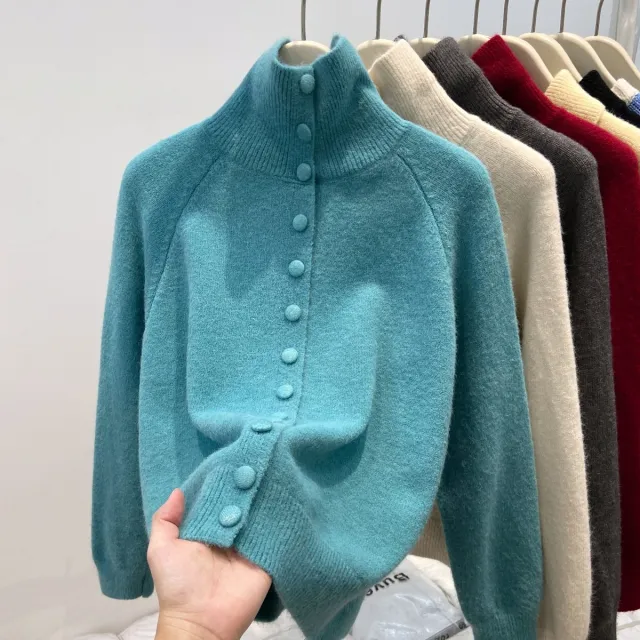 Women's Turtleneck Single breasted Cardigan Loose And Lazy Style Knitted Sweater Blue - Shop at LoveMi