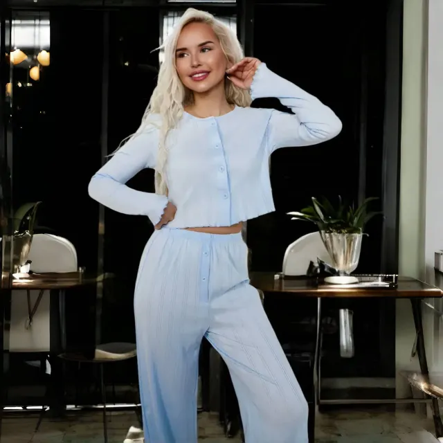 Women's Casual Printed Long sleeve Top And Pants Set Light Blue - Shop at LoveMi