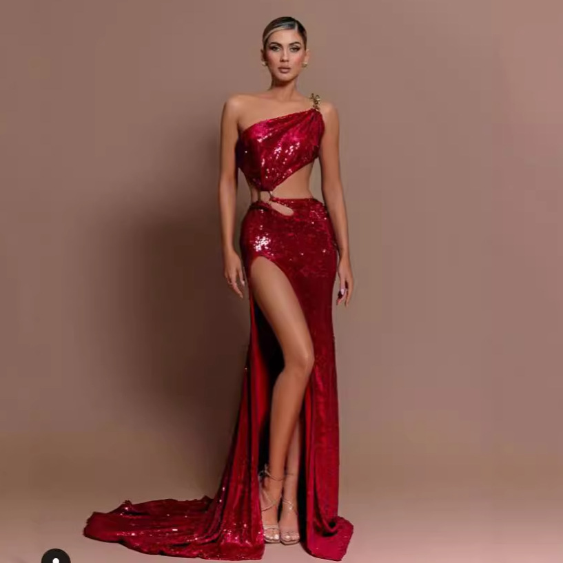 Hollow-out Midriff Slant Shoulder Red Paillette Dress