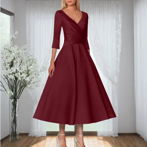European And American New V neck Half Sleeve Dress Solid Color Simple Waist Fitted Pettiskirt Red - Shop at LoveMi