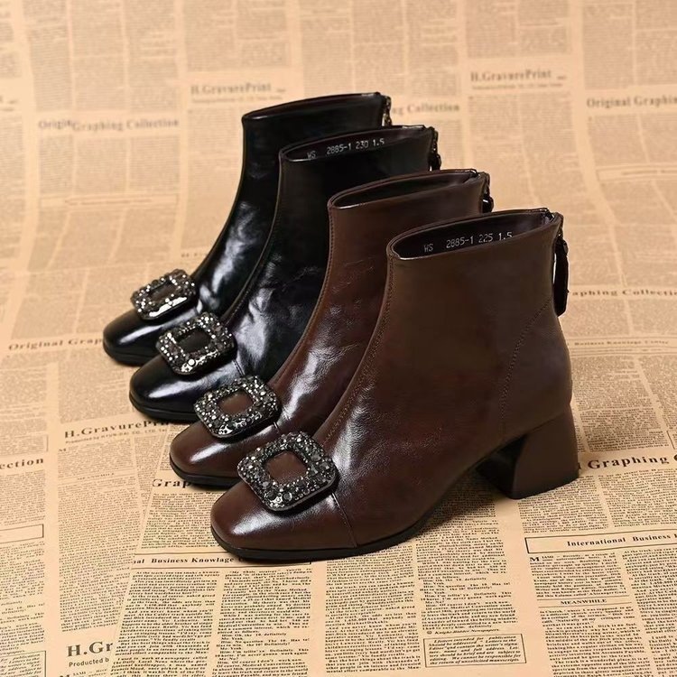Women's Zip-up Square-toe Chunky-heel Rhinestone Ankle Boots
