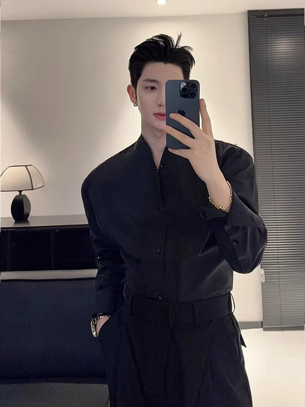 Mens French V-neck White Long-sleeve Shirt