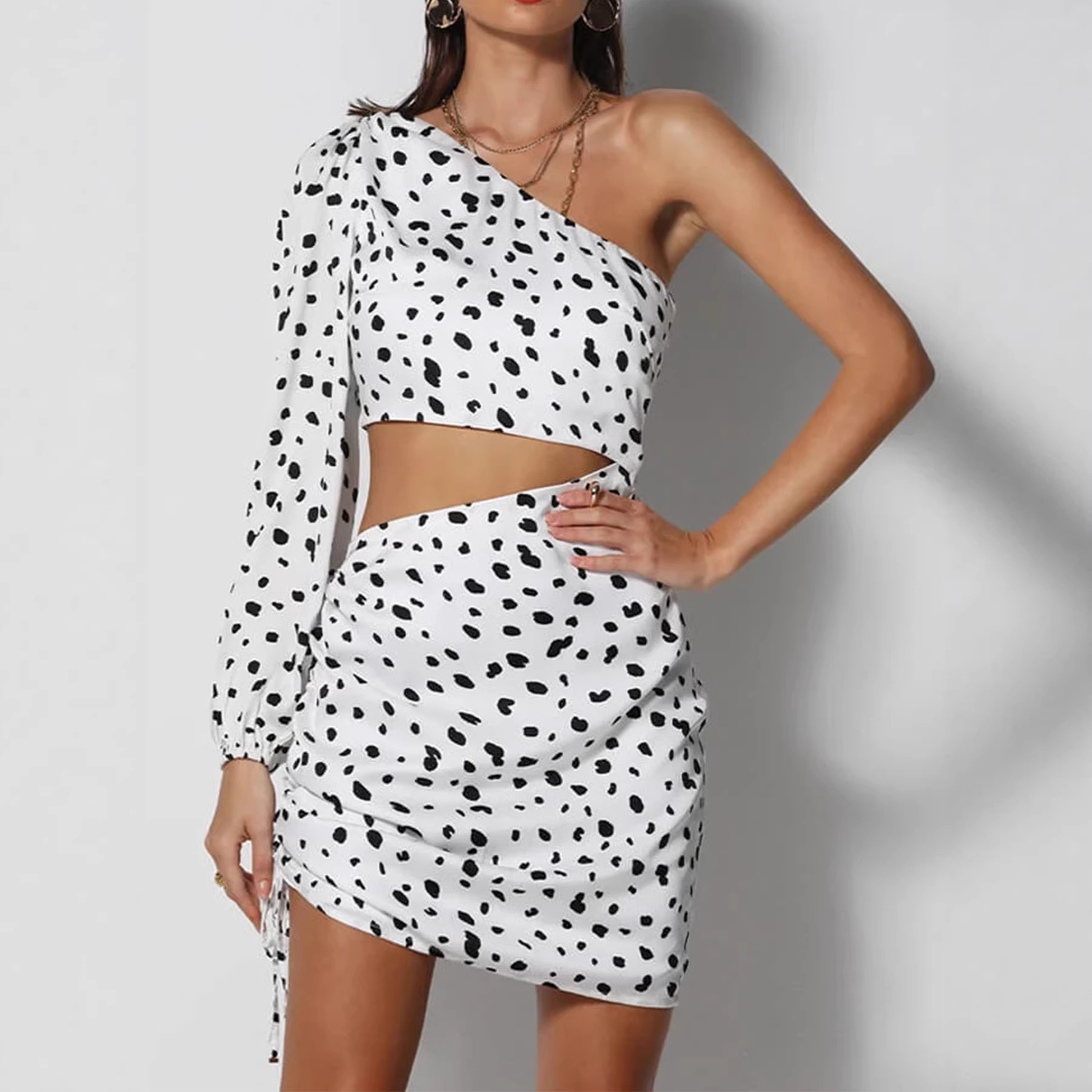 Off-Shoulder One-Sleeve Leopard-Print Hollow-Out Waist Bodycon Dress