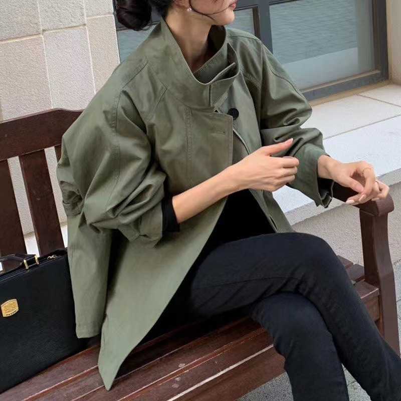 现货 韩国chic复古英伦风立领斗篷宽松长袖短款风衣外套女