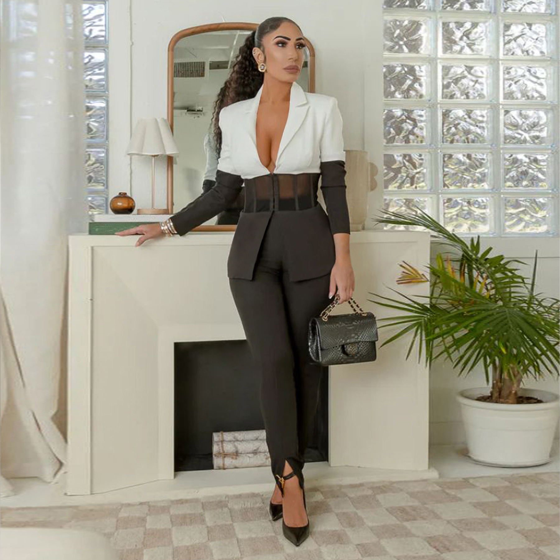 European and American Women's Wear Hot Sale Shawl Collar Suit Contrast Color Stitching Casual Two-piece Set Autumn Style