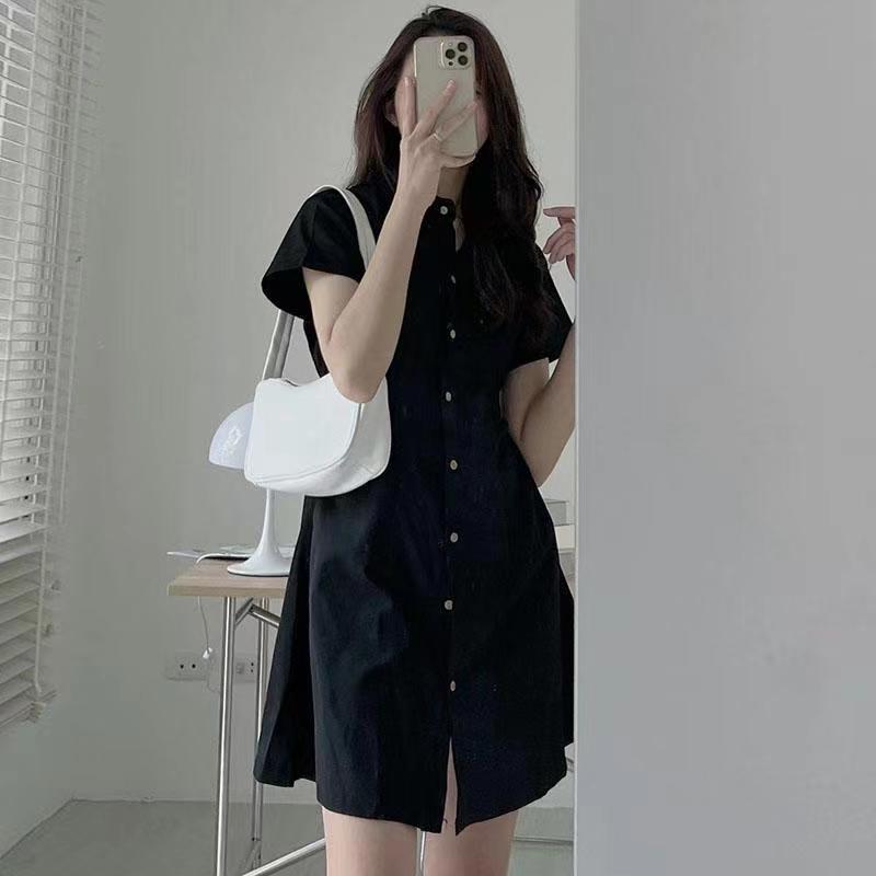 Simple Temperament Lapel Single Breasted Waist Slimming Small Size Dress Black - Shop at LoveMi