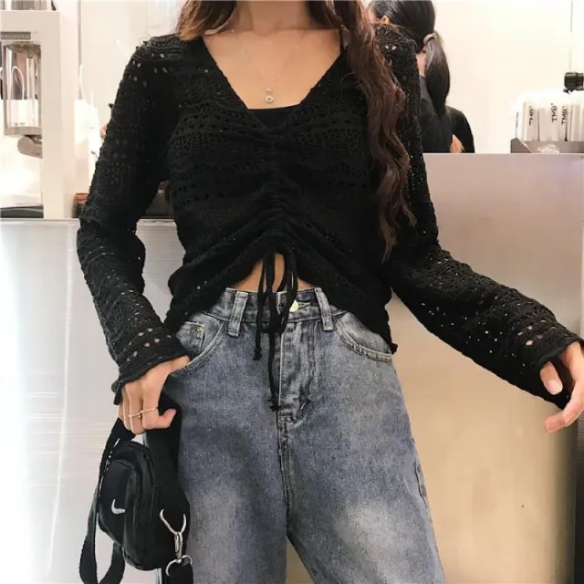 Women's V neck Long Sleeve Top Loose Hollow Sweater Black - Shop at LoveMi