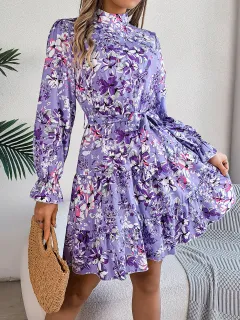 Standing Collar Floral Print Waist-controlled Long Sleeves Ruffled A-line Dresses For Women Spring Autumn Ruffle Edge Long Dress - Purple - View 1