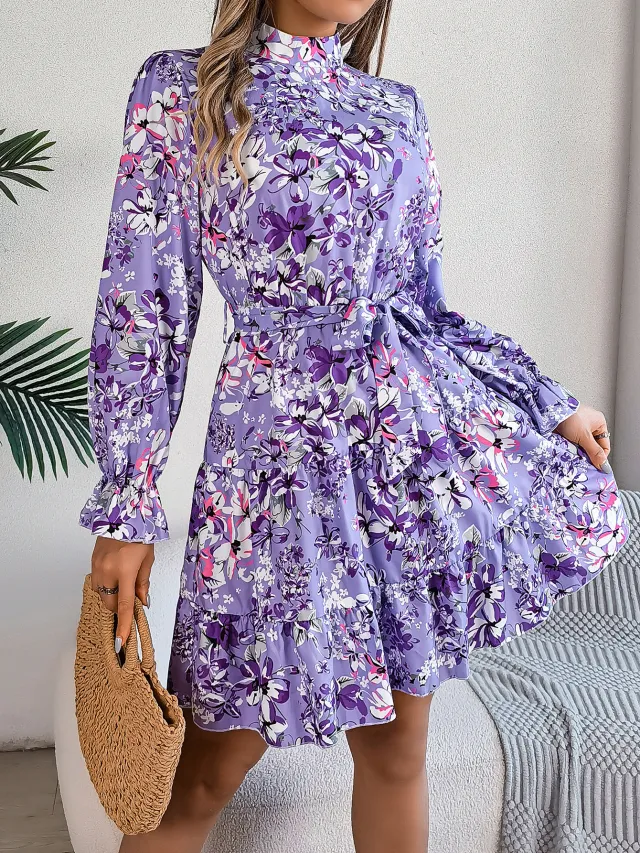 Standing Collar Floral Print Waist controlled Long Sleeves Ruffled A line Dresses For Women Spring Autumn Ruffle Edge Long Dress Purple - Shop at LoveMi