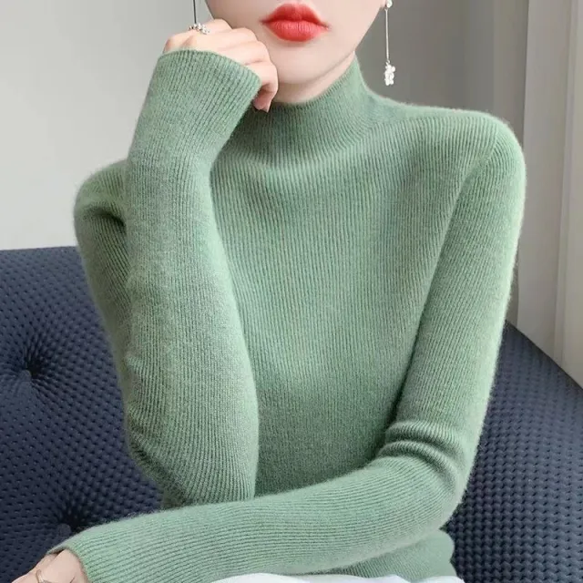 Warm Long Sleeves Knitted Half Turtleneck Women's Base Shirt Grass Green - Shop at LoveMi