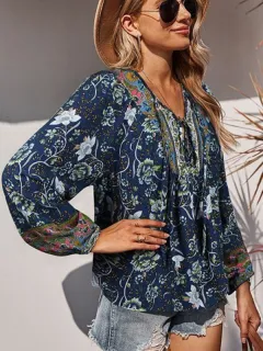 Women's V-neck Printed Casual Loose Thin Women's T-shirt - Dark Blue - View 1