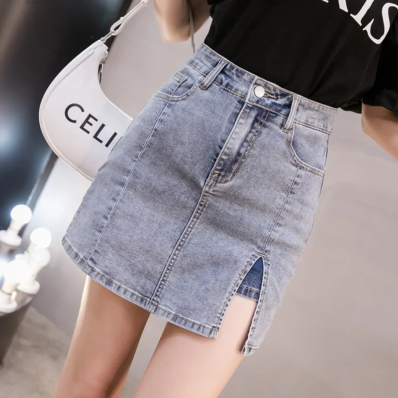 High Waist Slit Anti-exposure Denim Skirt A- Line Sheath Skirt - Light Blue