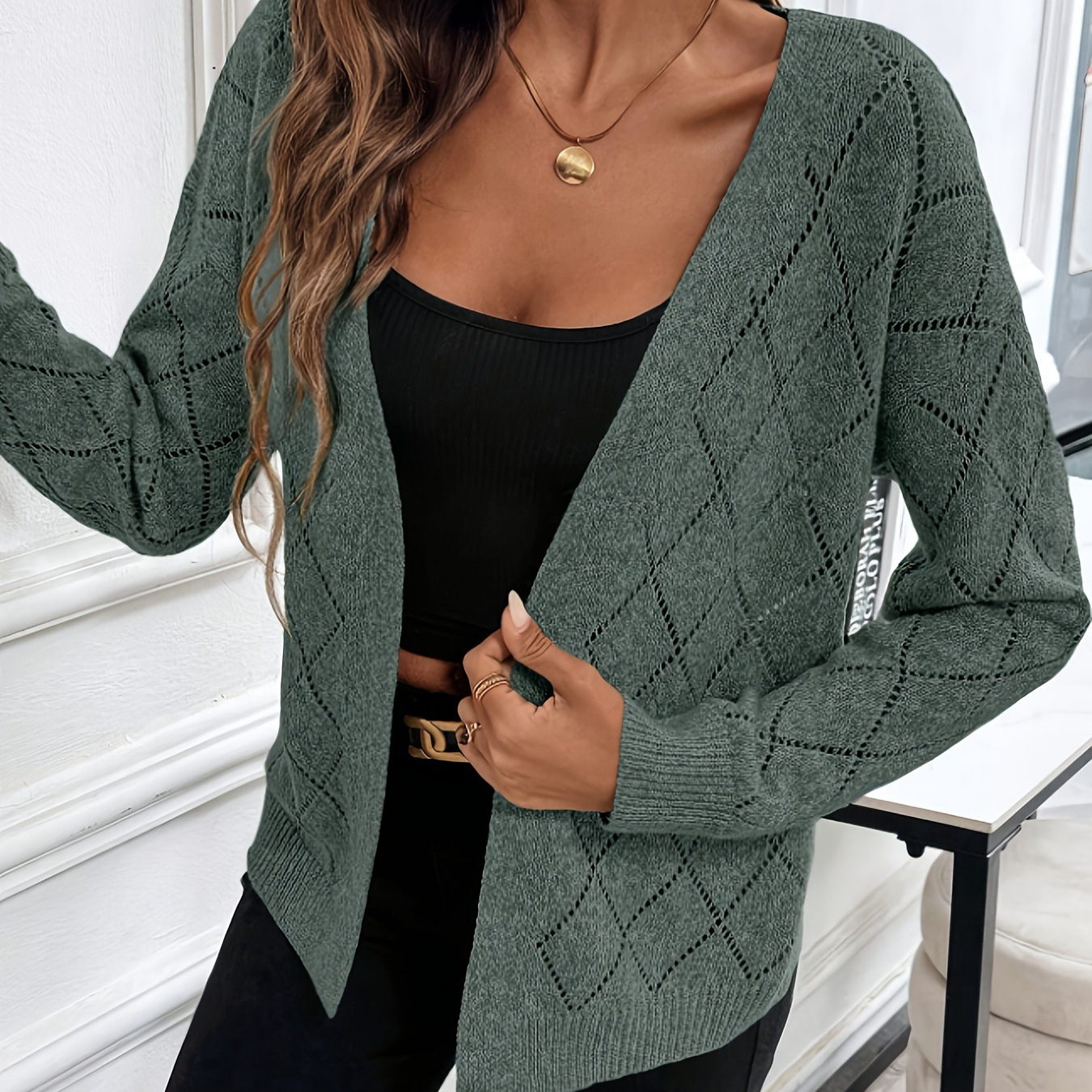 Hollow Rhinestone Mesh Design Single-piece Knitted Cardigan